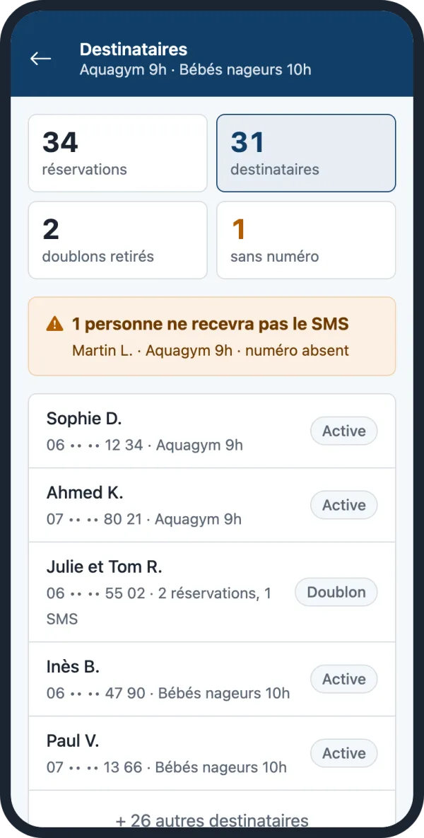 Écran Destinataires : totaux, numéro absent signalé, doublons expliqués