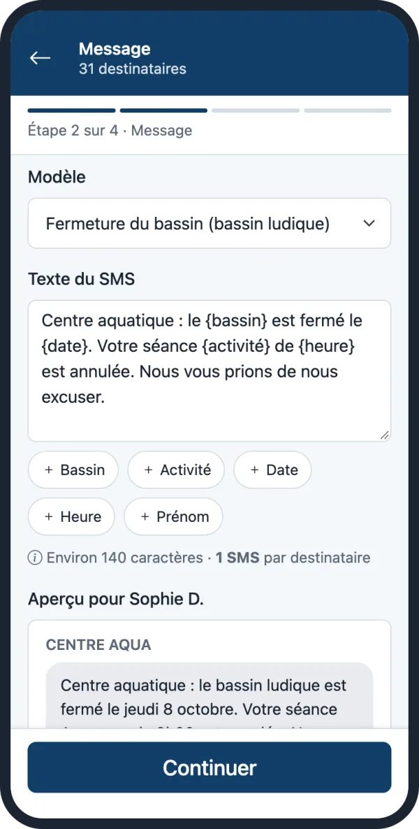 Écran Message : modèle de fermeture et aperçu du SMS