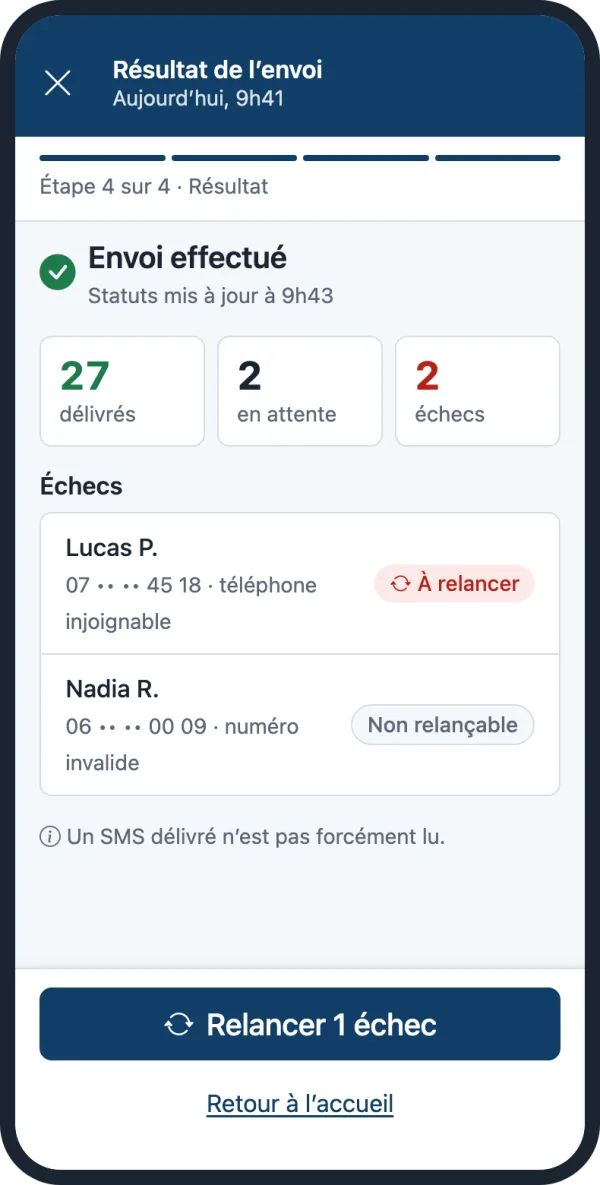 Écran Résultat : 27 délivrés, 2 en attente, 2 échecs